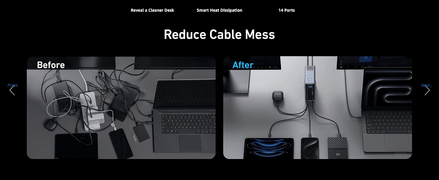 Shows the desk transformation from cluttered cables to a clean setup after using the docking station.
