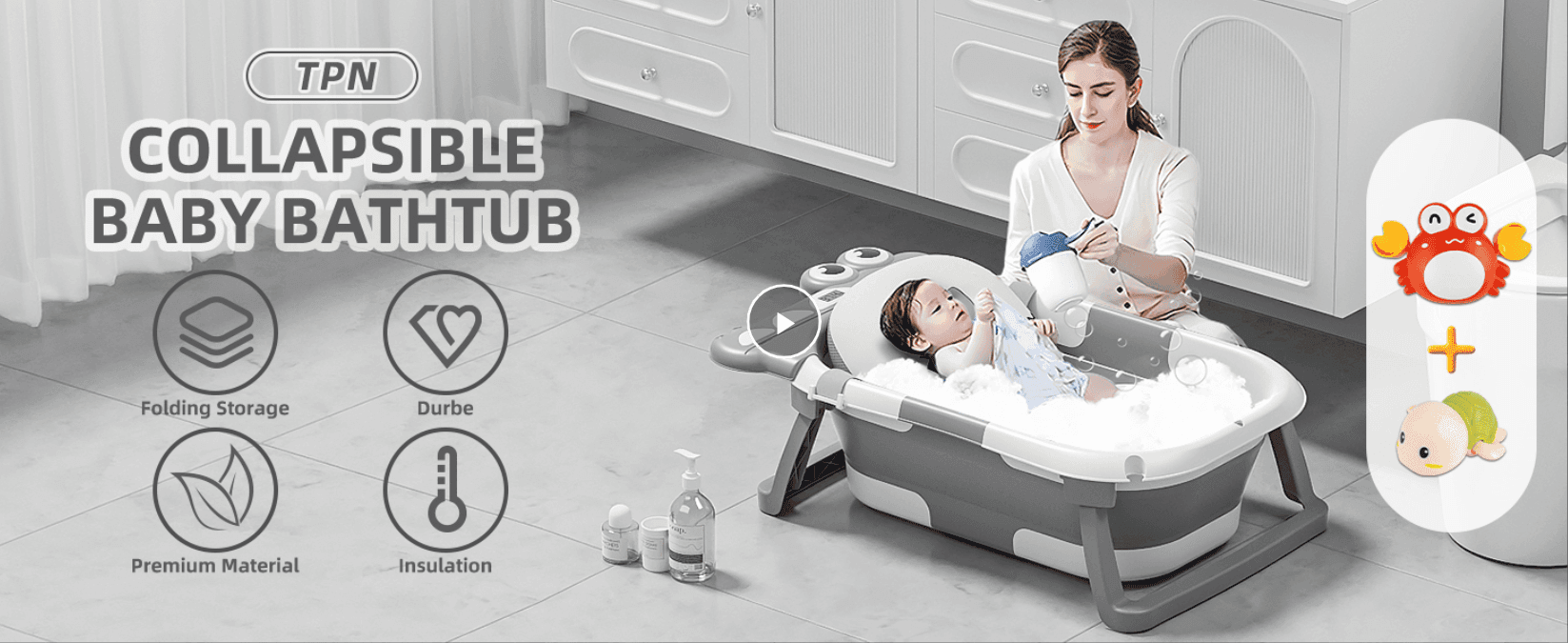 Shows four key bathtub benefits with icons and a bonus toy offer, so parents see the value at a glance.