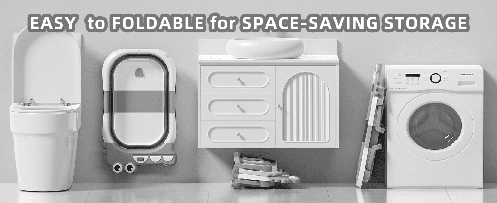 Shows the bathtub folded flat in a bathroom to reassure shoppers it saves space.