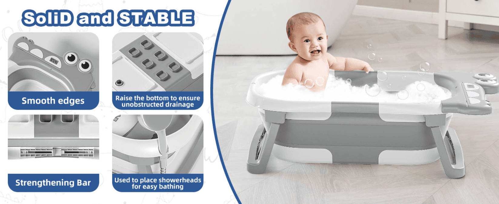 Zooms into the tub's edges, raised base, strengthening bar and showerhead holder so shoppers see it is sturdy and well built. Shows four separate build benefits in one layout to reassure parents…