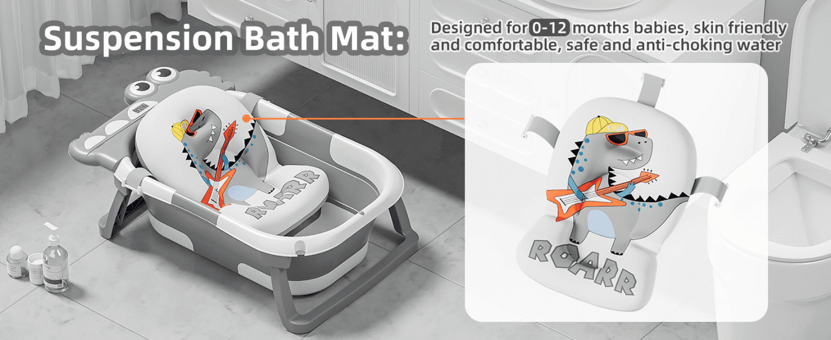Highlights the included suspension bath mat for babies aged 0-12 months as a skin-friendly, safe, comfortable feature. Uses a zoom bubble and connector line to show the mat's shape and fit inside…