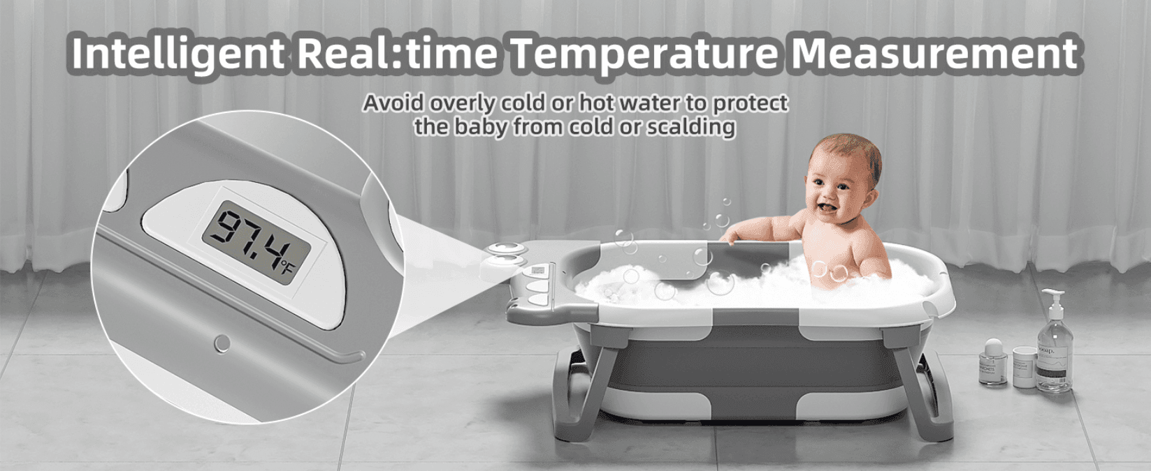 Shows the built-in digital thermometer so parents can avoid water that is too hot or cold for the baby. Zooms in on the temperature display to show exactly where and how the reading appears.