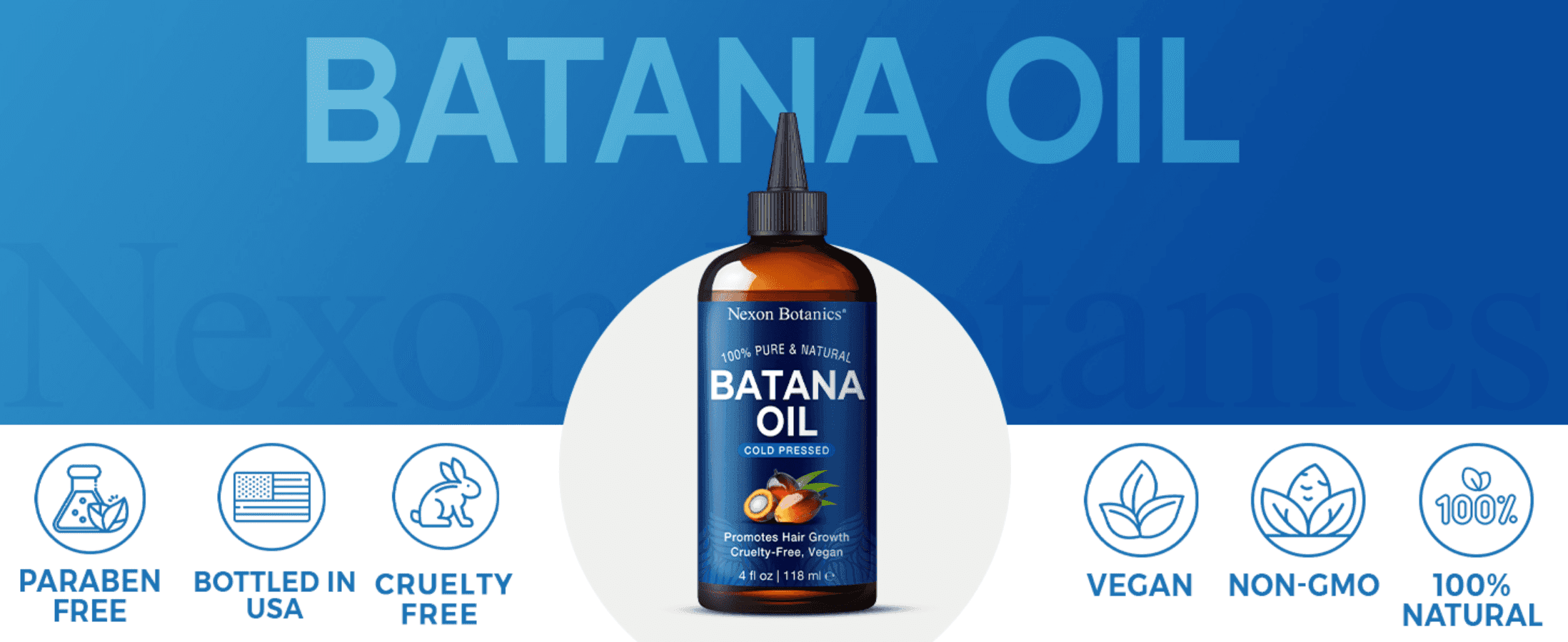 Reassures shoppers the oil is paraben-free, cruelty-free, vegan and USA-bottled through a row of certification icons. Establishes the Nexon Botanics brand identity with a bold product hero shot.