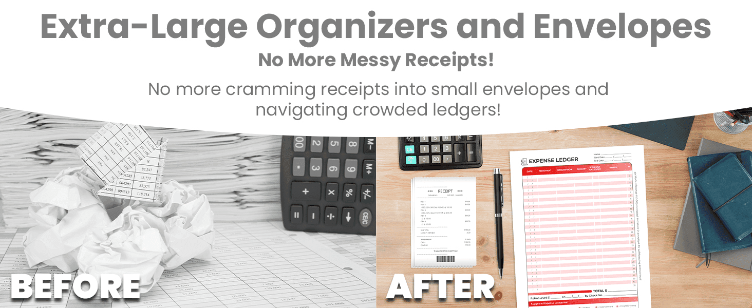 Contrasts a cluttered pile of crumpled receipts with a tidy, organized desk using the product to reassure shoppers it eliminates paperwork chaos.