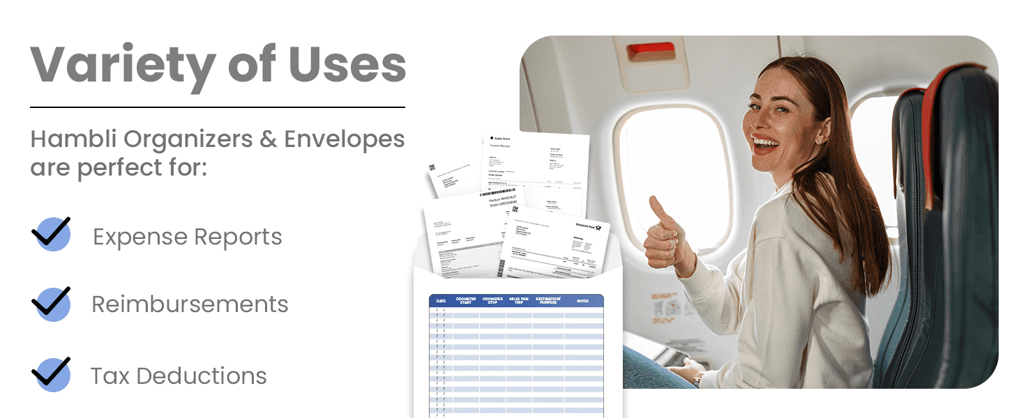 Shows the envelope organizer suits several practical needs — expense reports, reimbursements, and tax deductions — to widen its perceived usefulness.