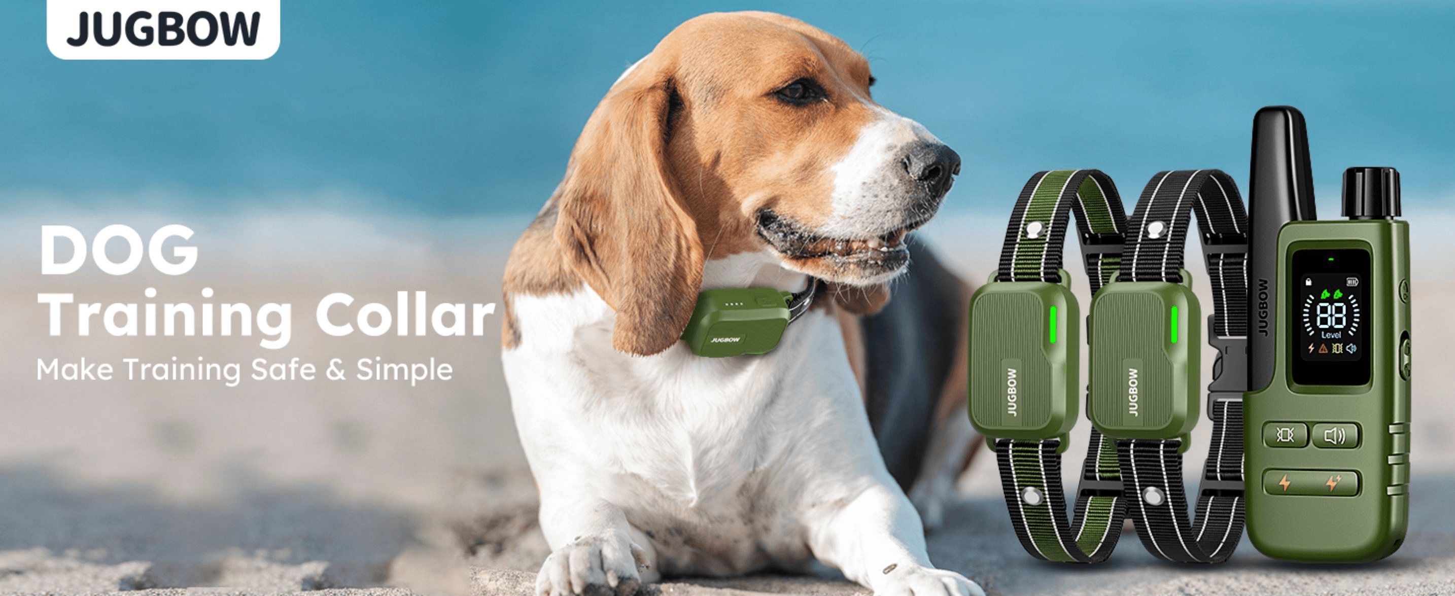 Introduces the collar with a brand hero image and tagline positioning it as a safe, simple training tool.