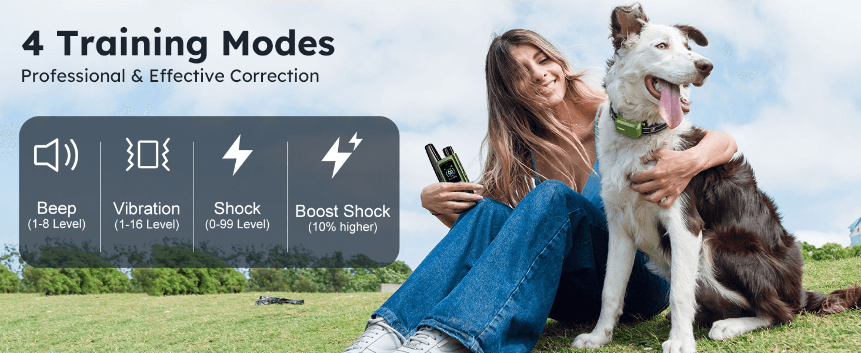 Shows the four selectable correction modes side by side so shoppers see the range of control the collar offers.