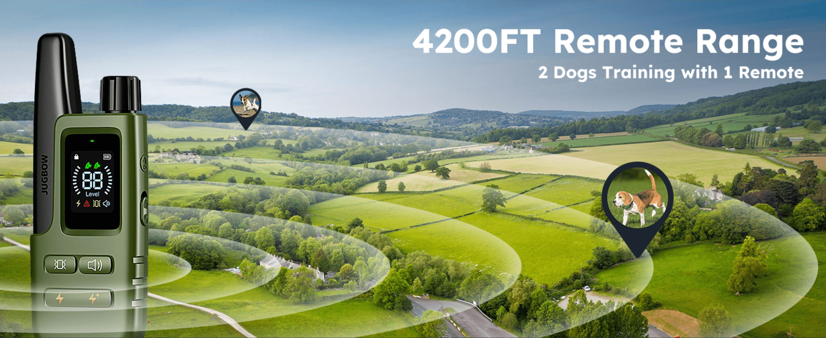 Highlights the 4200ft wireless range and dual-dog capability to reassure shoppers the remote works at a distance and with multiple pets. Highlights the 4200ft wireless range and dual-dog capability…