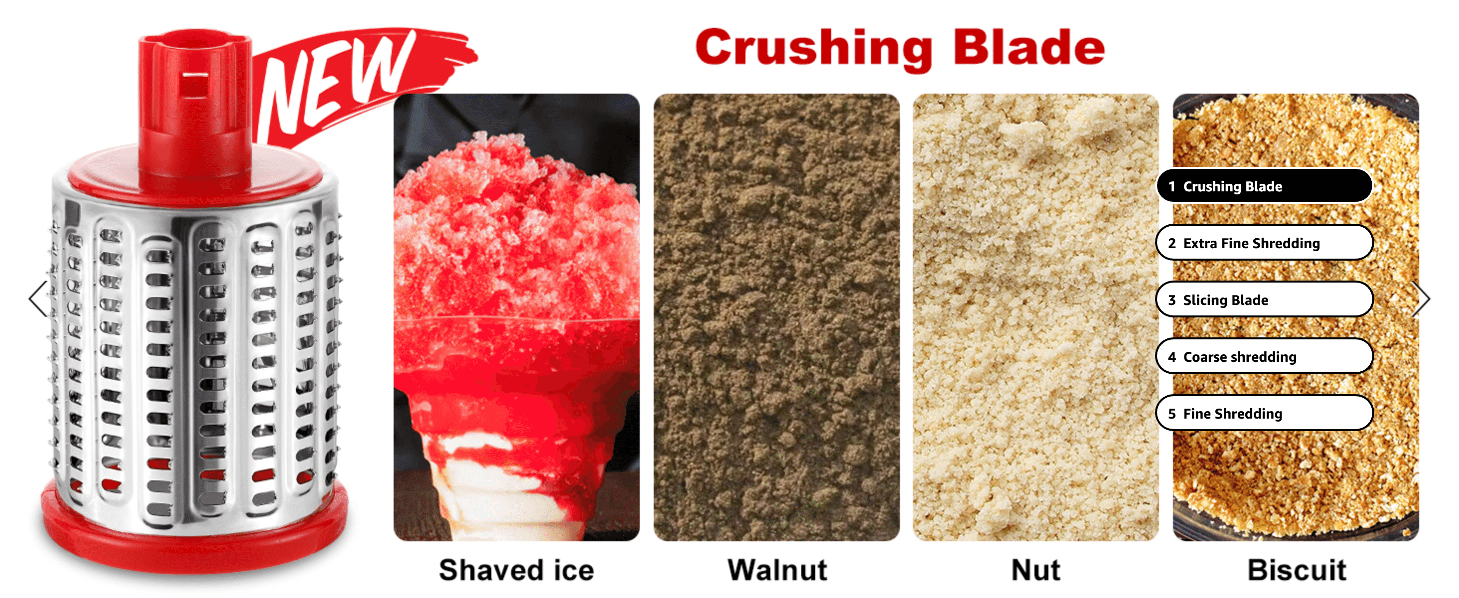 Labels each of the 5 interchangeable blades so shoppers understand the tool has multiple specialized cutting functions. Shows the range of results (shaved ice, ground walnut, ground nut, biscuit…
