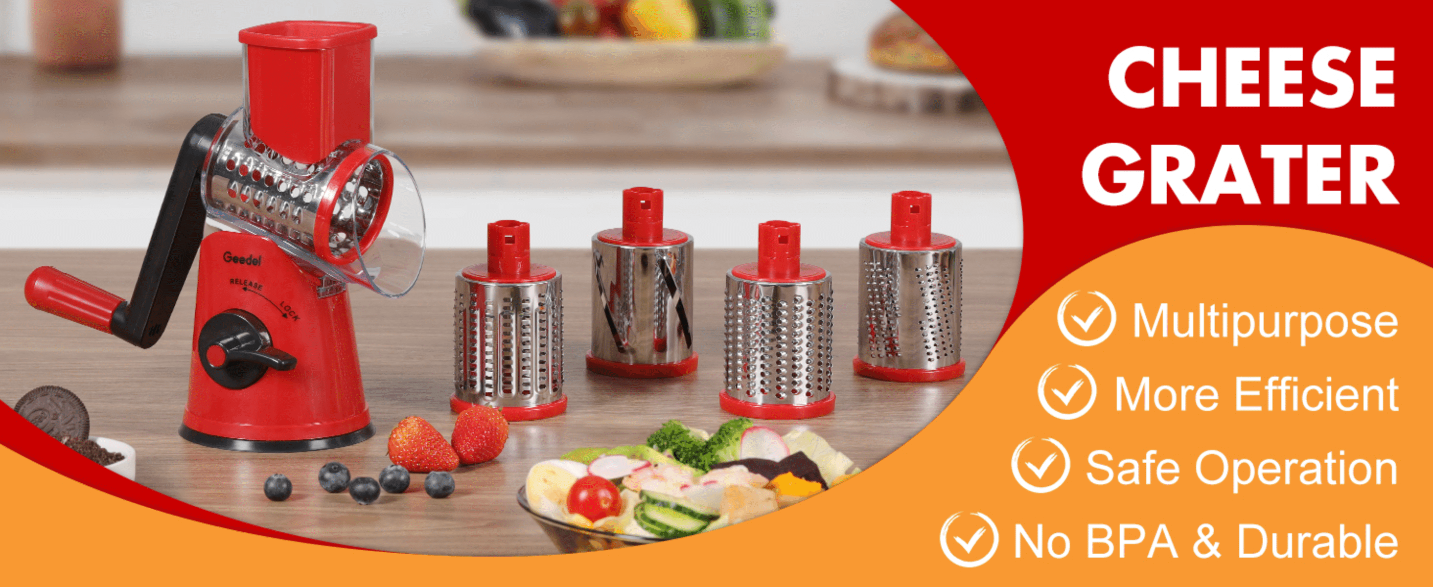Uses a checklist of four claims (multipurpose, efficient, safe, BPA-free/durable) to quickly build confidence in the product.