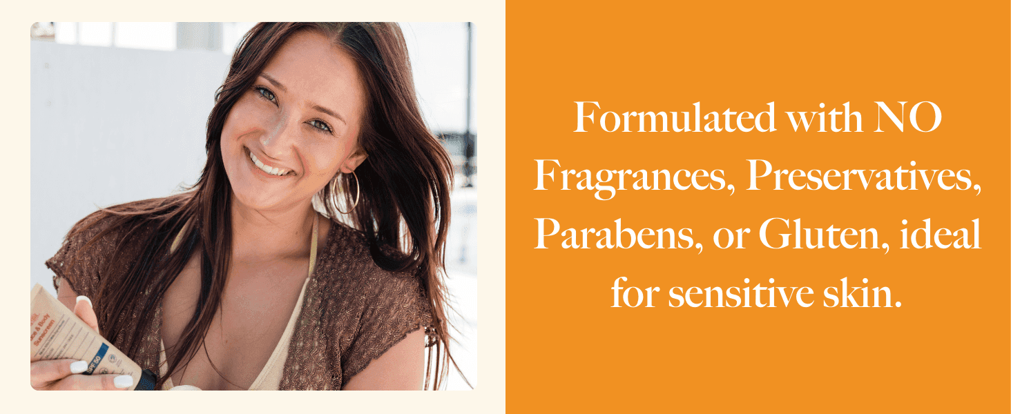 Reassures shoppers with a sensitive-skin lifestyle photo and a clean-ingredient claim that the sunscreen is gentle and free of common irritants. Highlights the absence of fragrances, preservatives,…