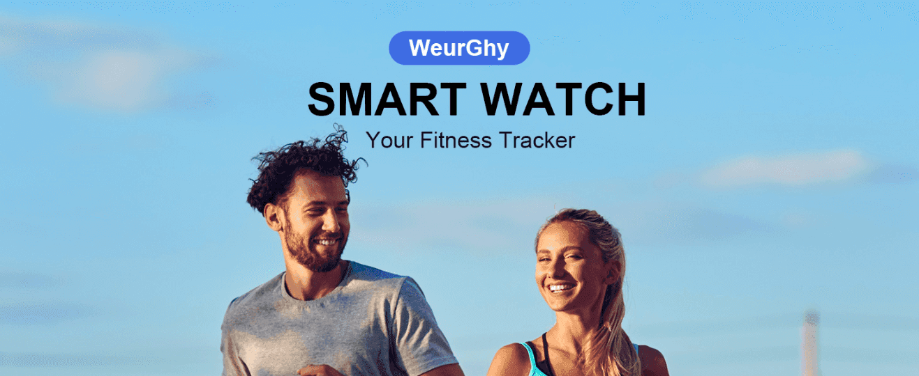 Introduces the brand and positions the product as a fitness tracker smartwatch through an aspirational lifestyle photo.