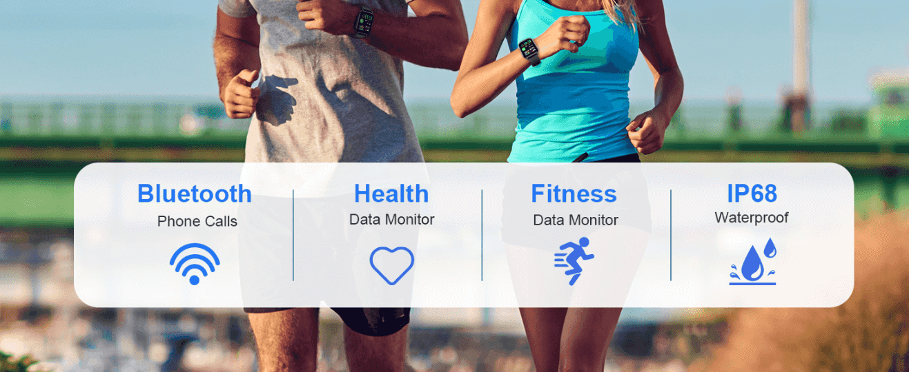 Showcases four key smartwatch capabilities in a segmented icon layout to quickly communicate its core functions.