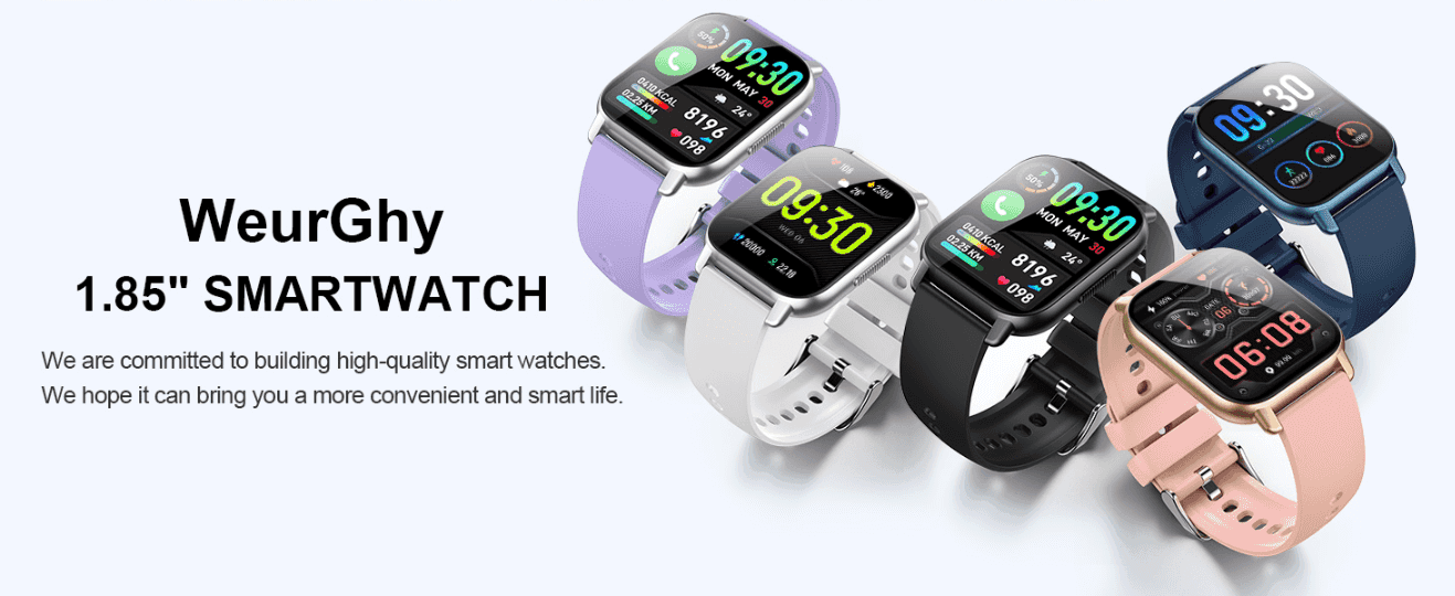 Introduces the WeurGhy smartwatch brand and its color/style range to build trust and show variety.
