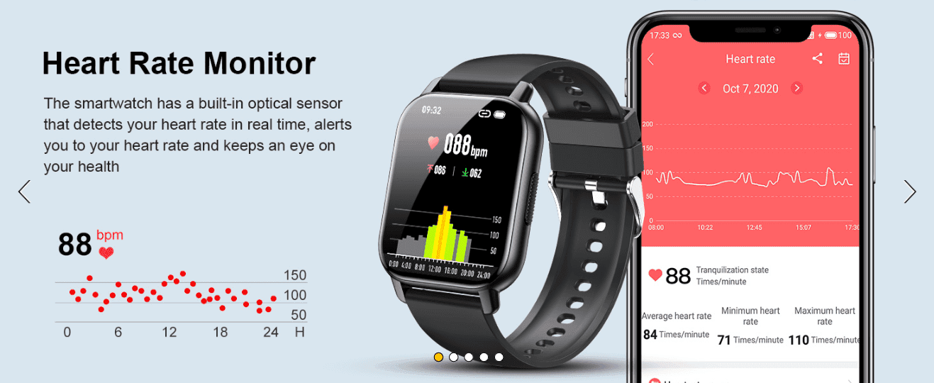 Shows the watch's real-time heart rate tracking with live stats and app graph to reassure shoppers of accurate health monitoring. Highlights a live bpm reading and daily trend chart to prove the…