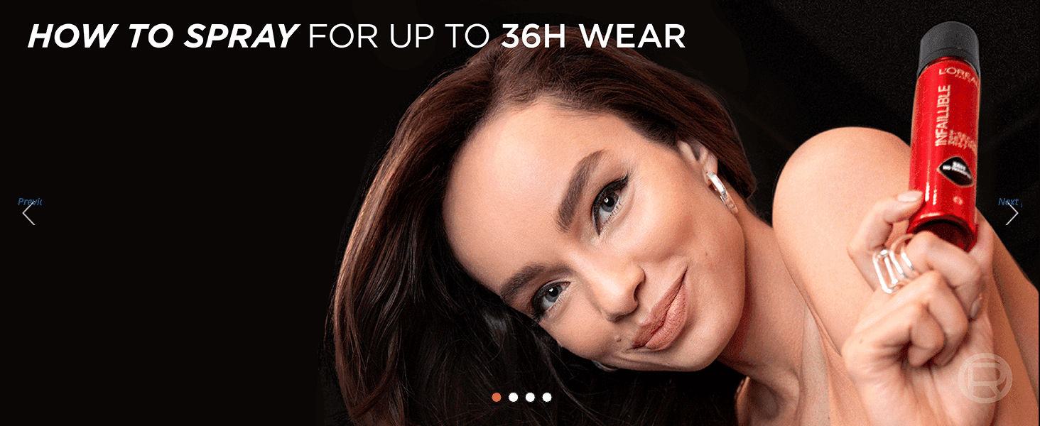Shows a model spraying the product to demonstrate correct application for up to 36 hours of wear. Reinforces the single core benefit of long-lasting, all-day wear through one clean lifestyle scene.