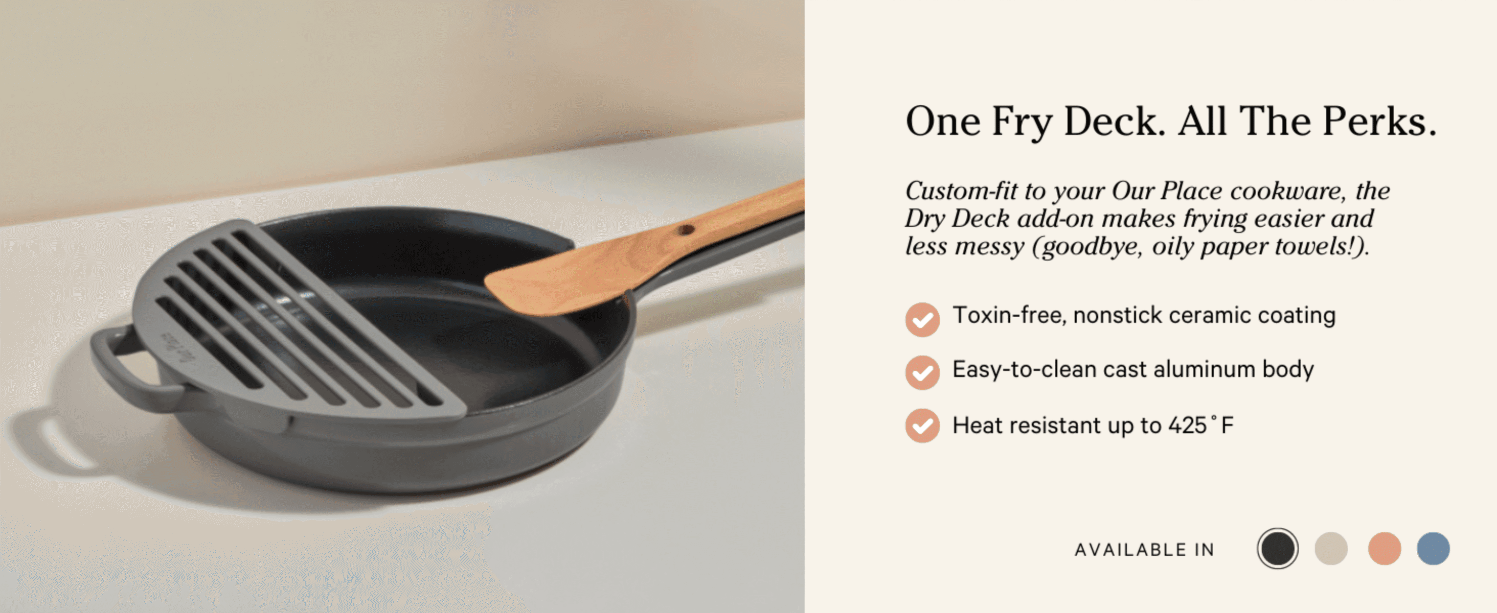 Lists three distinct product benefits (nonstick coating, easy cleaning, heat resistance) with checkmarks to build confidence in the accessory's quality.