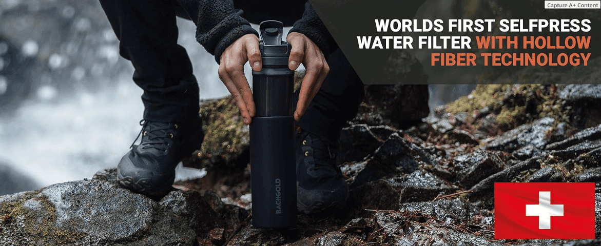 Introduces the product's core innovation, self-press hollow fiber filtration, to establish it as a novel, trustworthy way to purify water outdoors.