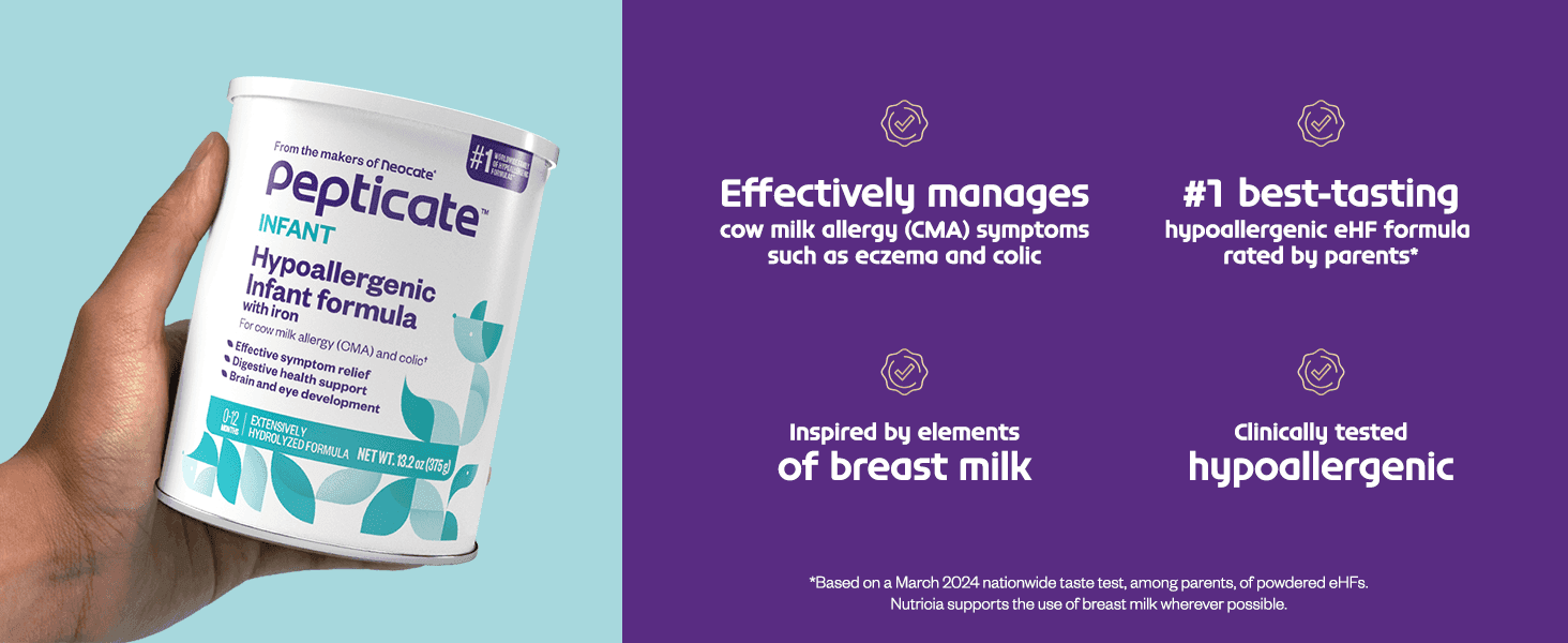 Highlights four distinct product claims in a segmented layout to reassure parents the formula is effective, great-tasting, and safe.