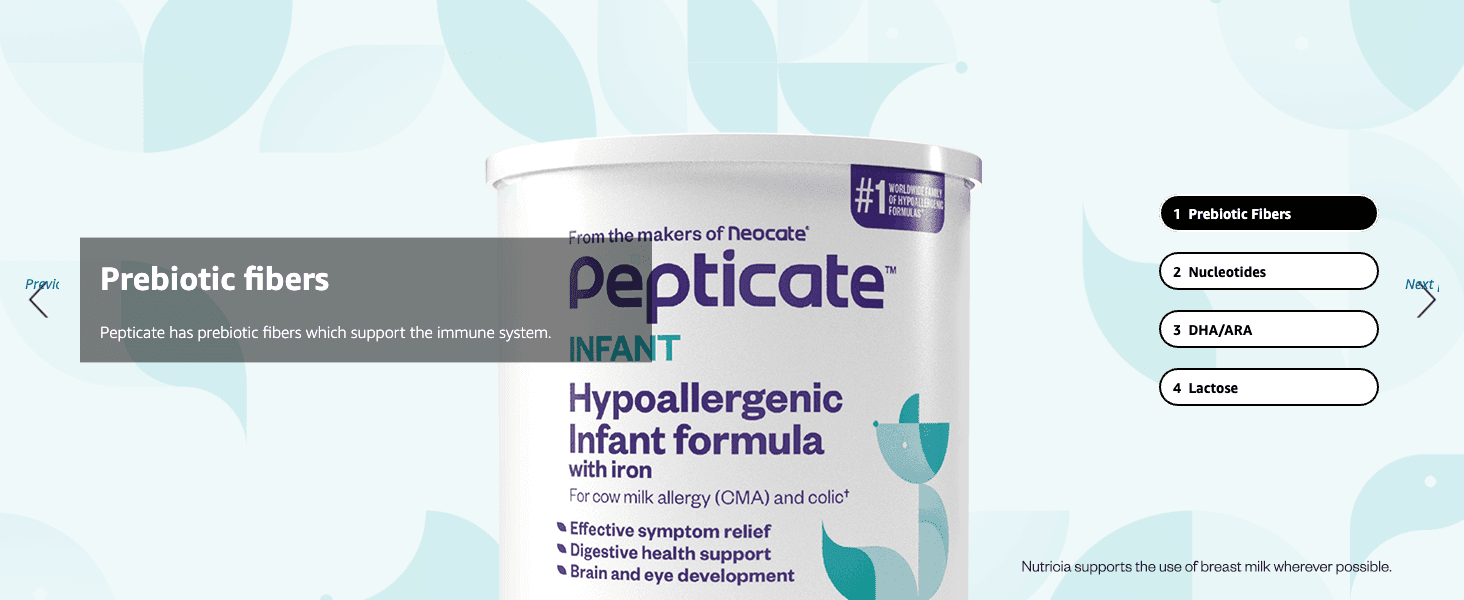 Highlights one ingredient benefit (prebiotic fibers supporting the immune system) as part of a carousel of formula features.