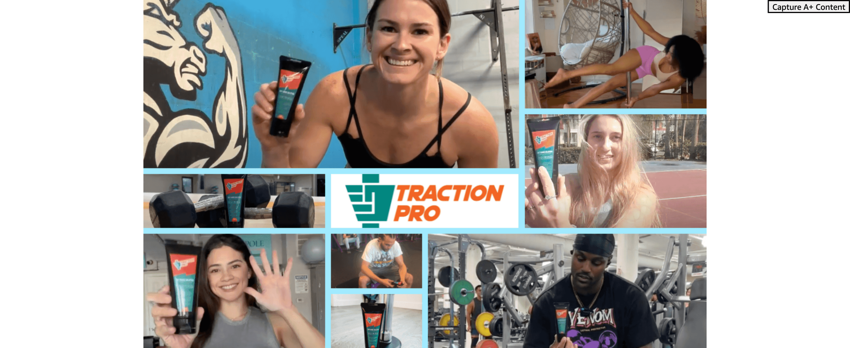 Builds social proof by showing real customers using the product across different athletic settings. Demonstrates versatility by showing the product used in climbing, gym, and court settings.