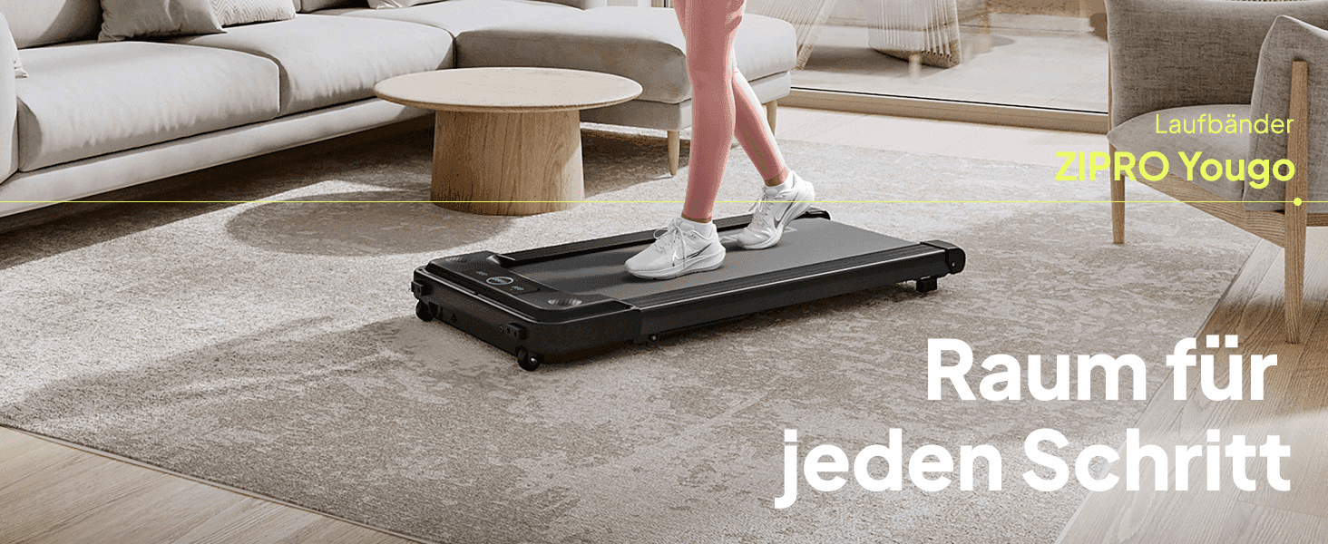 Shows the treadmill tucked neatly into a living space to reassure shoppers it fits easily into any home without taking up much room.