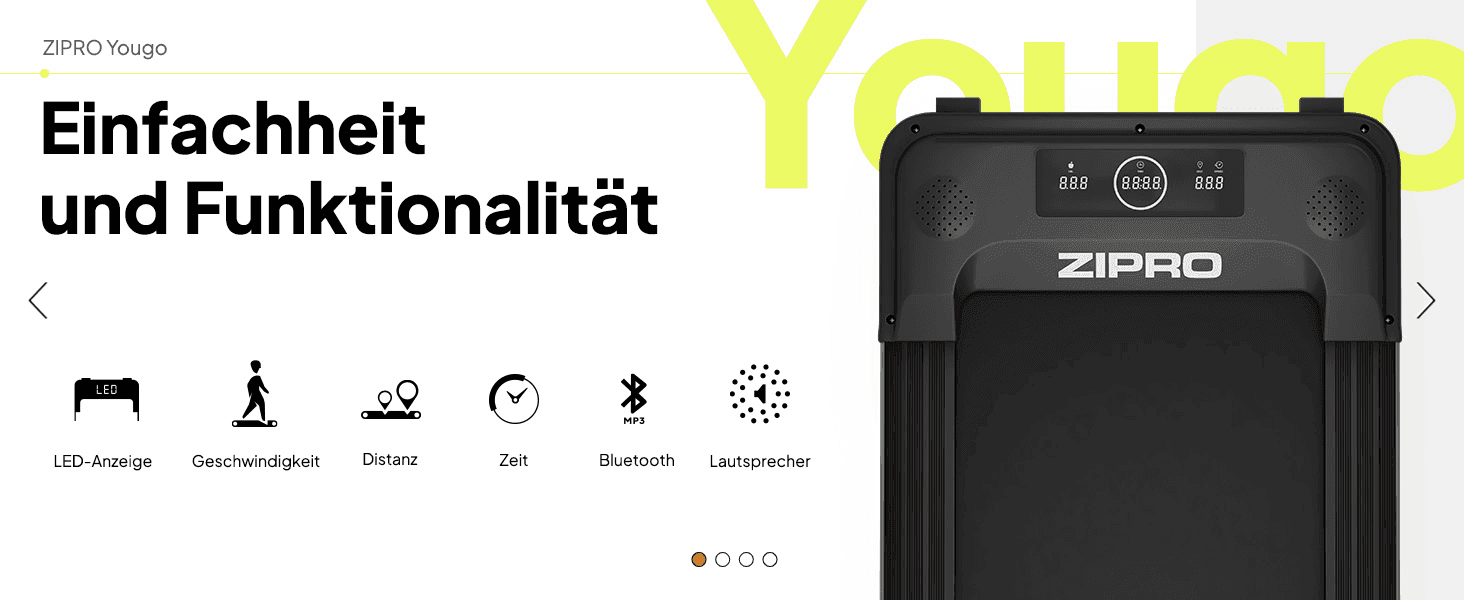 Communicates the treadmill's ease of use and built-in functions through a simple icon-based feature grid alongside the console.