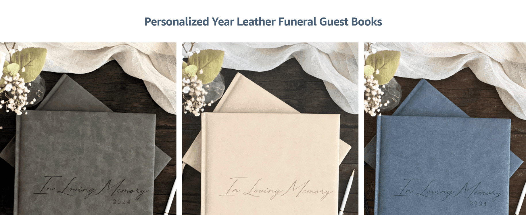 Shows the same guest book in three leather color options to help shoppers pick the finish they want.