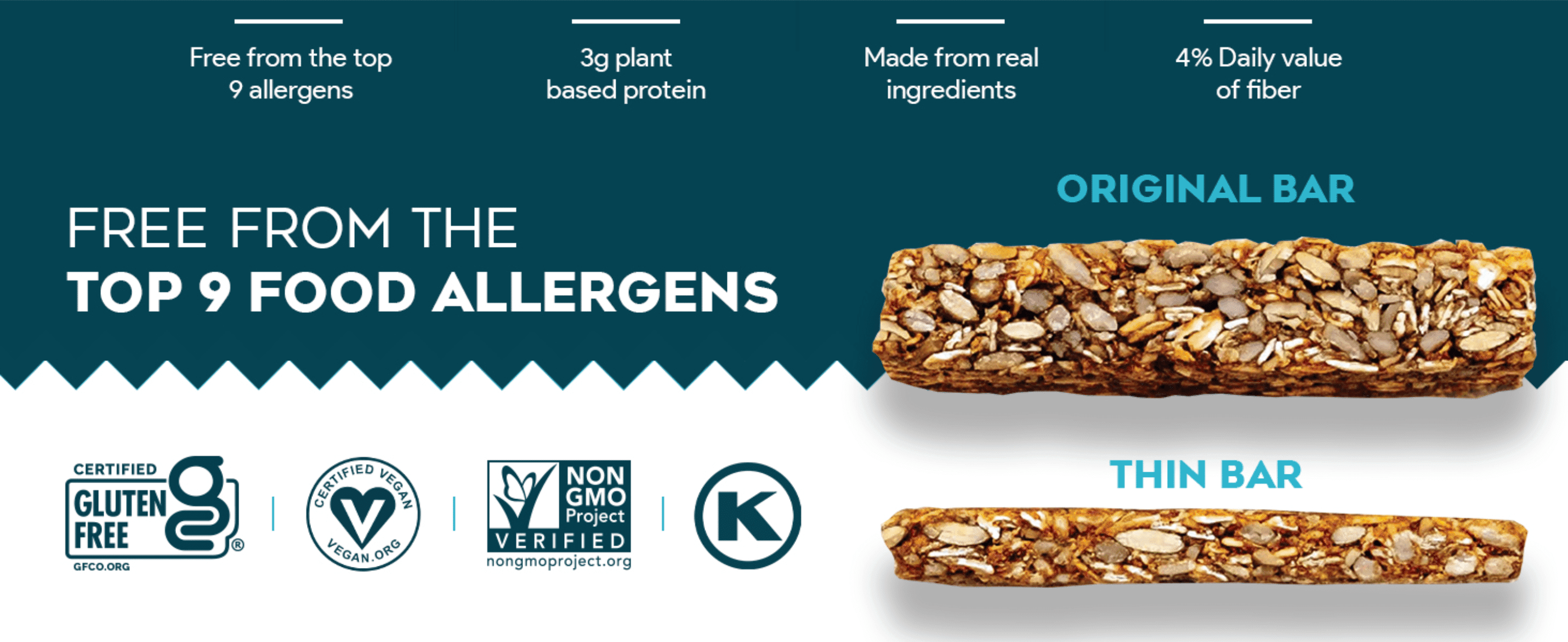 Highlights four distinct nutritional claims in one glance to reassure shoppers the bar fits a clean, allergen-safe diet. Displays recognized third-party certifications to build trust that the…