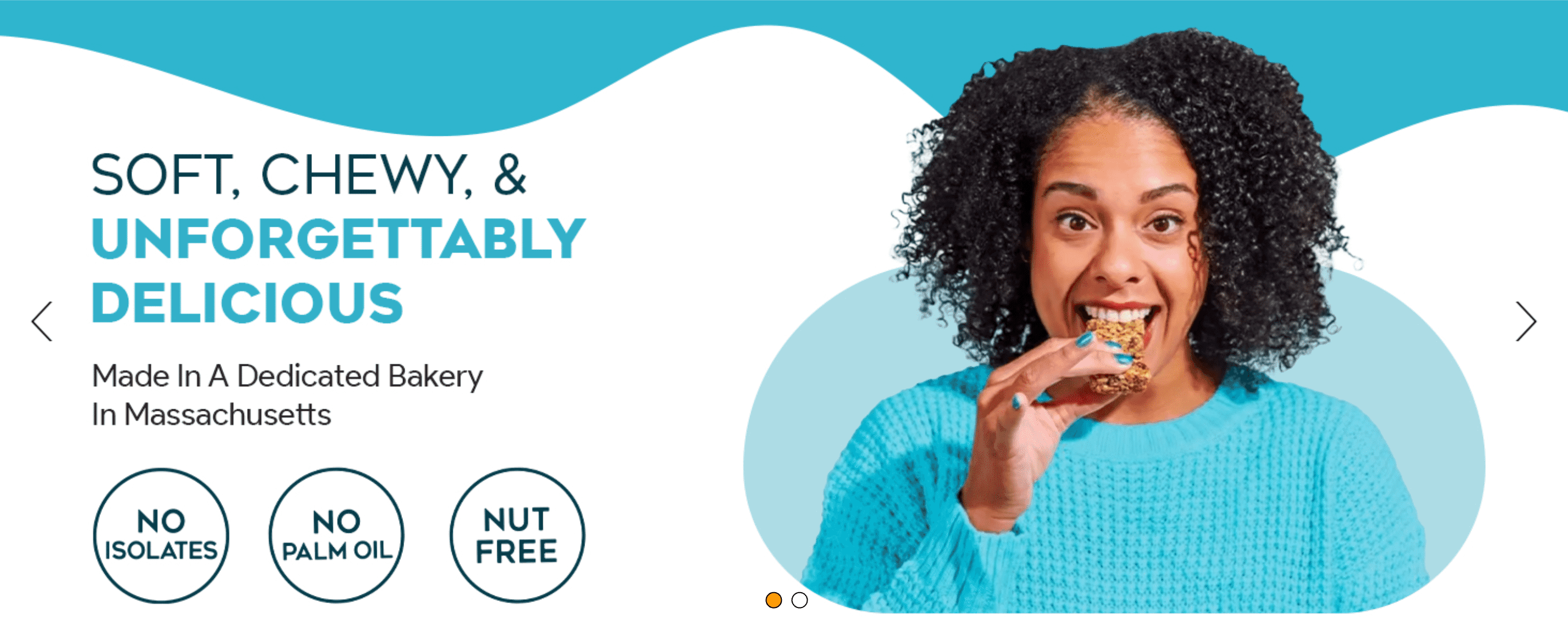 Communicates that the bar is soft, chewy, and delicious, baked fresh in a dedicated Massachusetts bakery. Highlights clean-ingredient and allergy-friendly claims to reassure health-conscious shoppers.