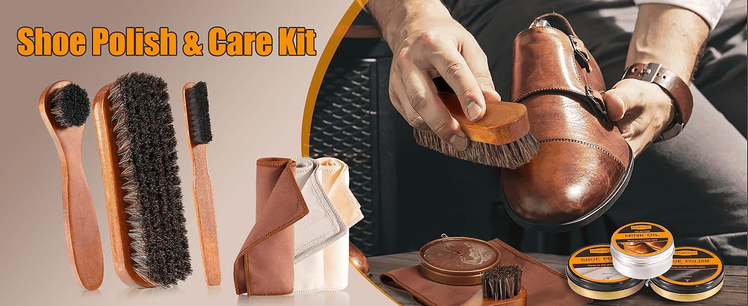 Shows every brush, cloth and polish tin included in the shoe care kit alongside it in use, so shoppers know exactly what they receive.