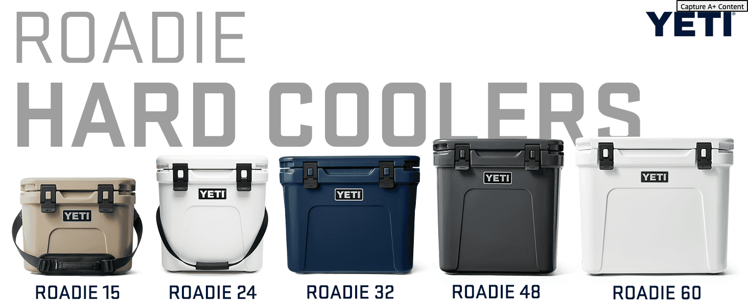 Lines up all five Roadie cooler sizes side by side so shoppers can see the full range and pick the right size.