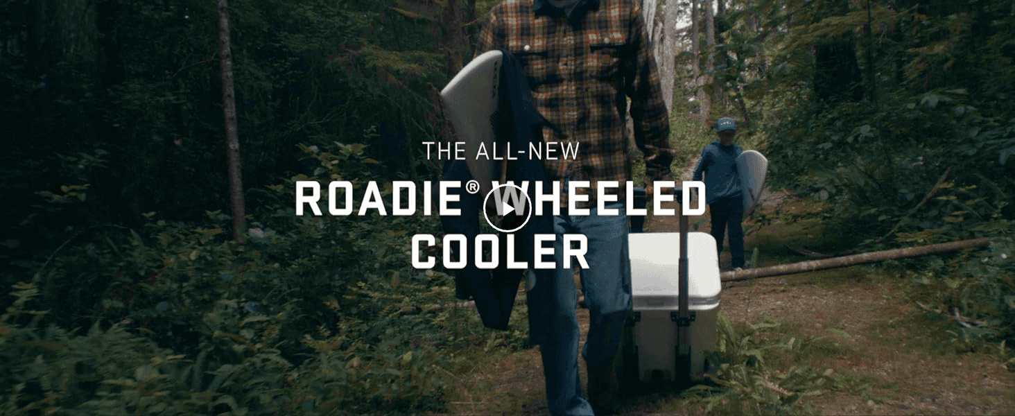 Introduces the all-new Roadie Wheeled Cooler in a real outdoor setting to highlight its easy, wheeled portability.