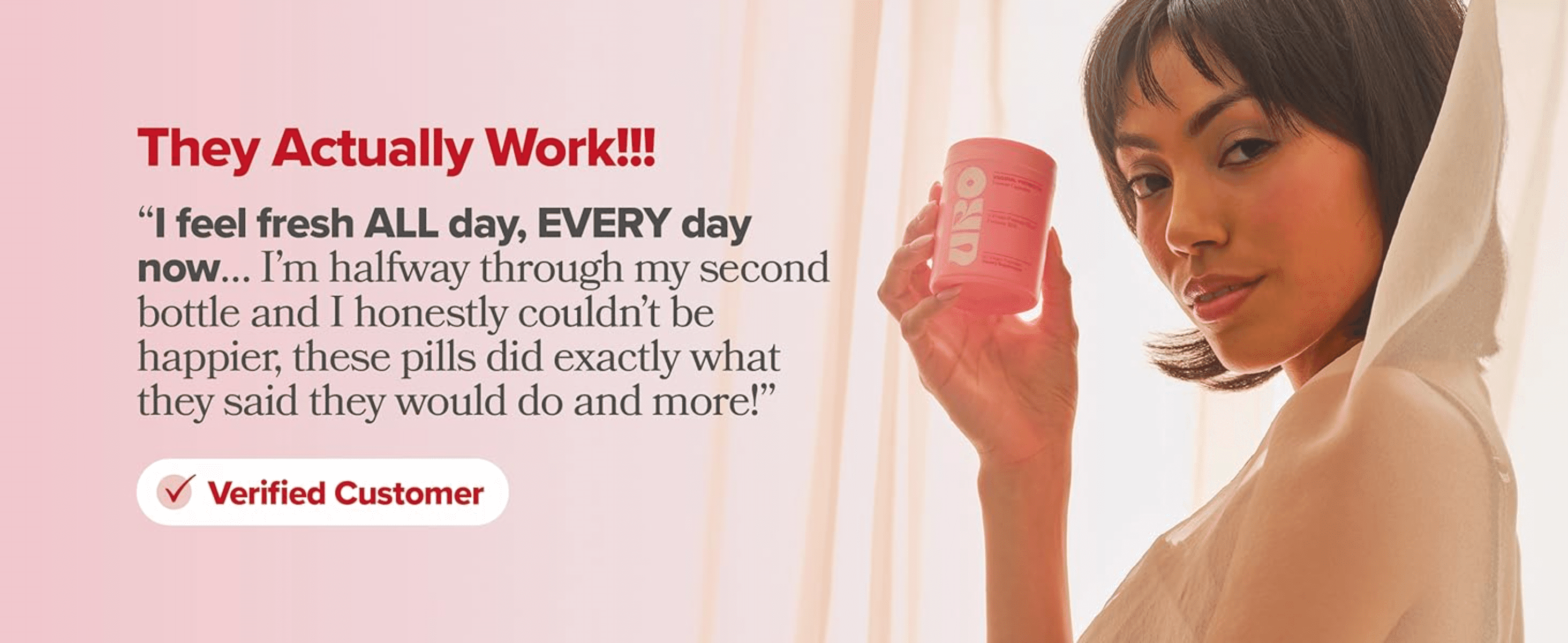 Uses a verified customer's direct quote to reassure shoppers that the product delivers noticeable, consistent results.