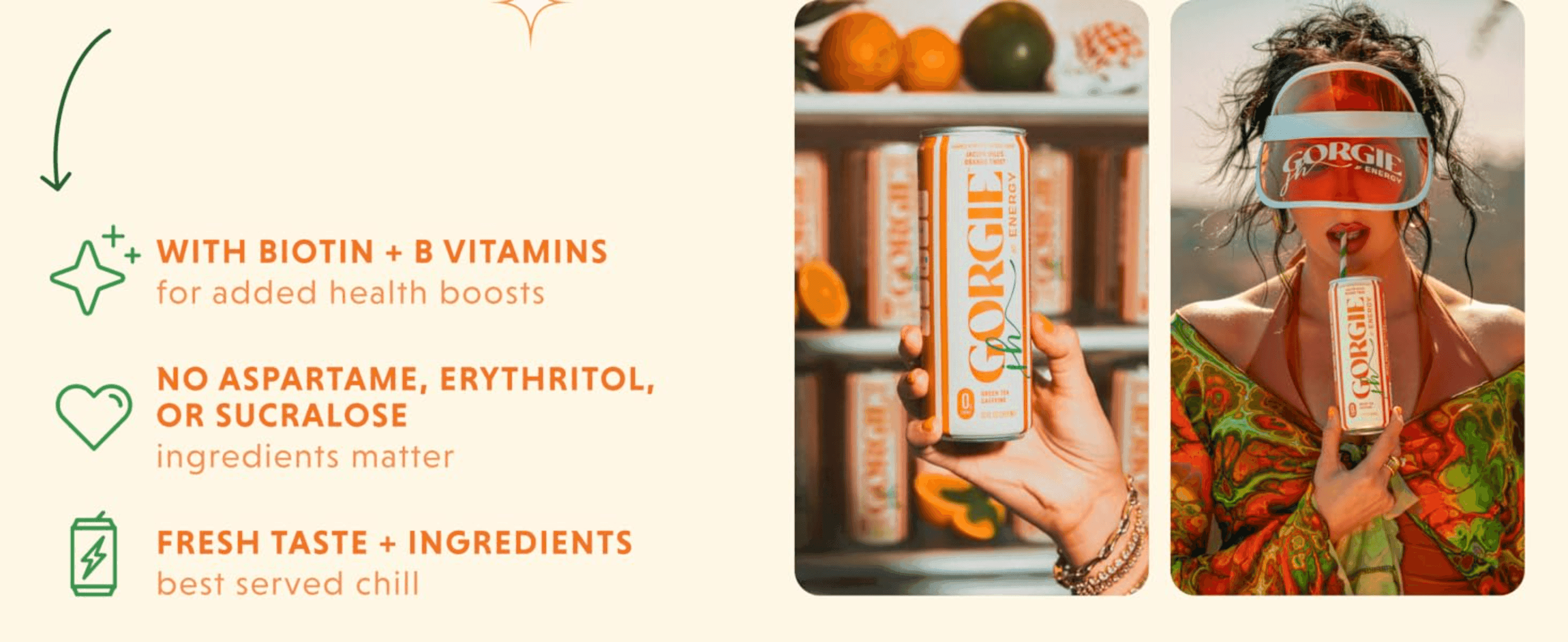Communicates multiple ingredient and taste benefits alongside lifestyle imagery to reinforce the product's clean, feel-good positioning.