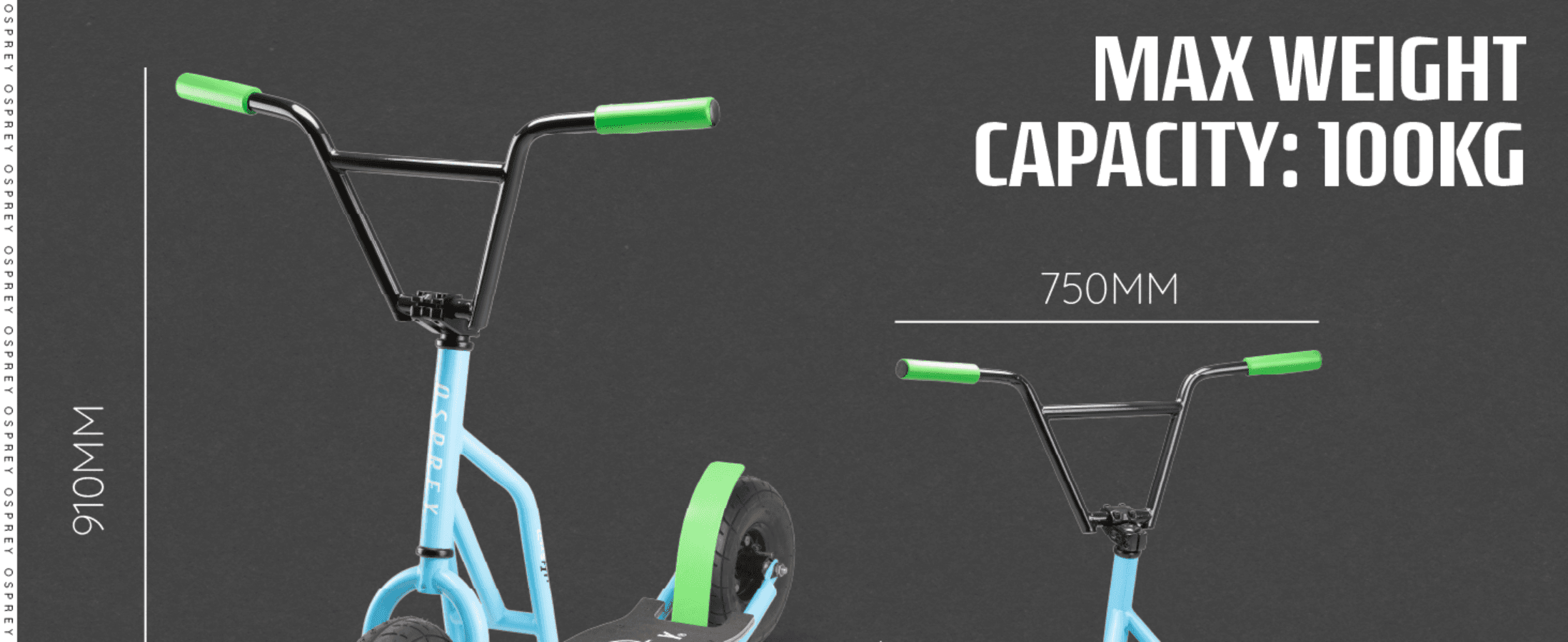 Communicates the scooter's physical dimensions and max weight capacity so shoppers can judge fit and suitability.