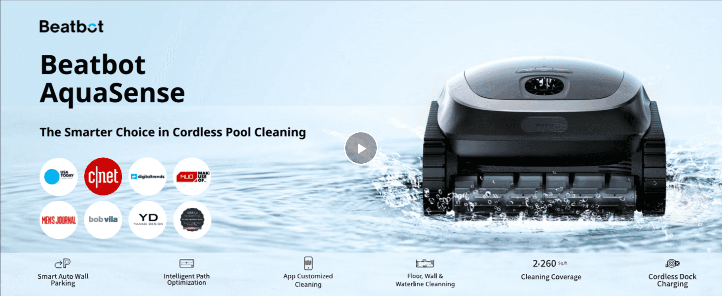 Builds credibility by showing the product has been featured across recognized media outlets. Highlights the product's smart navigation and cleaning capabilities across a segmented icon row of key…