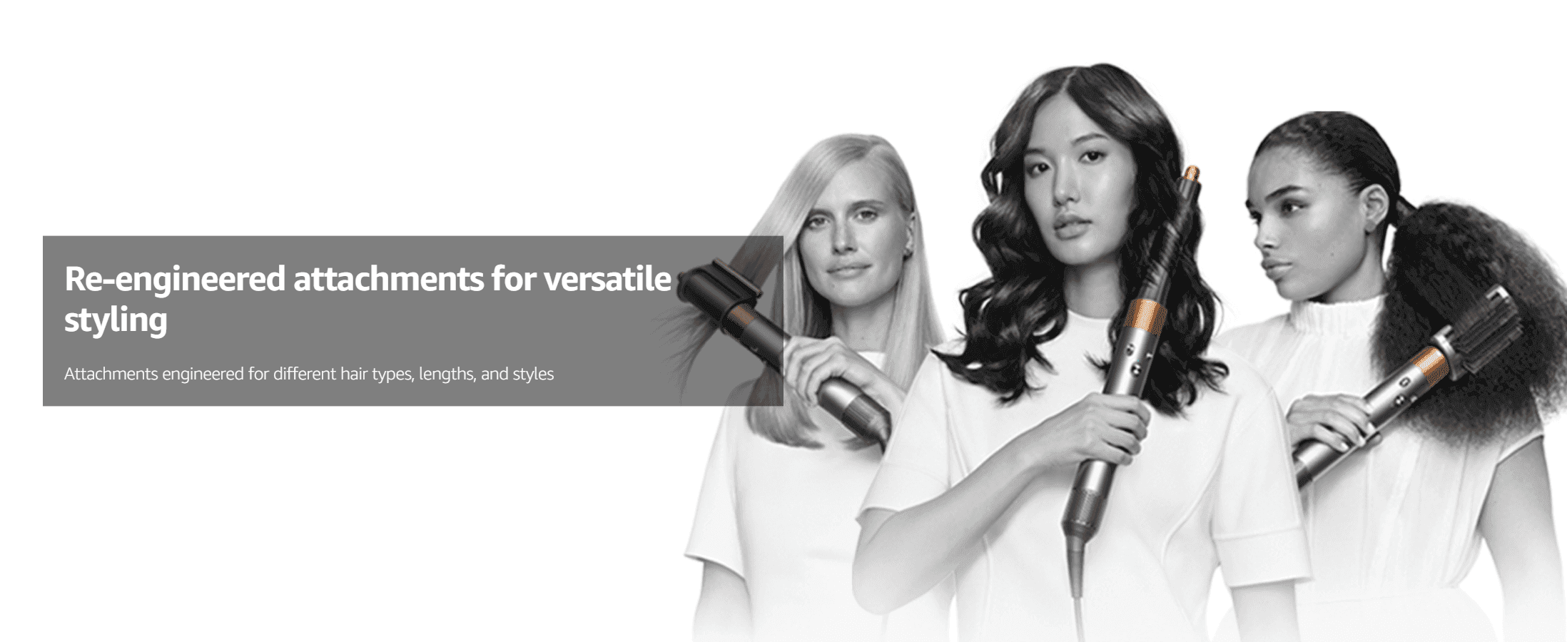 Shows three different models with different hair types and styles to demonstrate the attachments work for versatile styling needs.