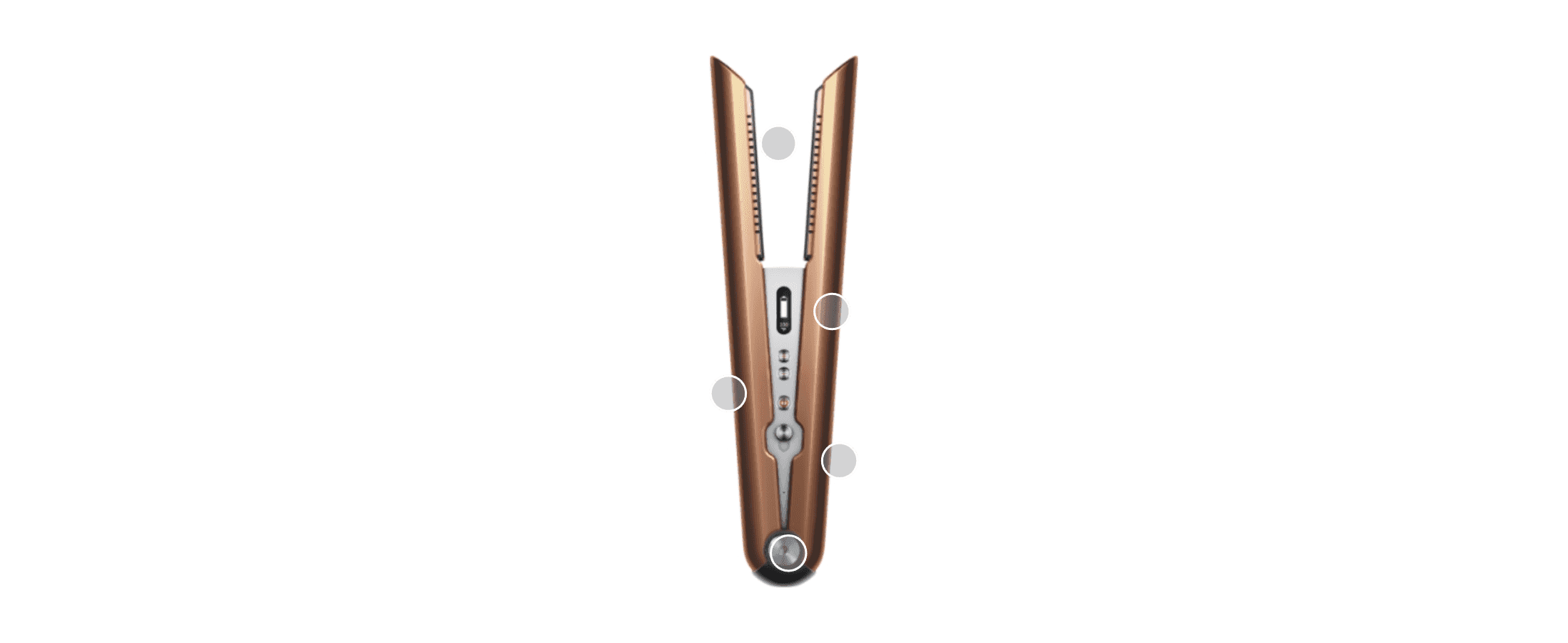 Highlights physical design points on the styler with zoomed callout circles to showcase its build quality.