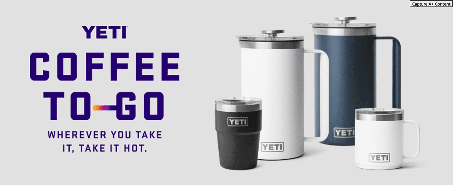 Showcases the YETI coffee-to-go product lineup together to help shoppers see the full range of drinkware options. Emphasizes that YETI drinkware keeps coffee hot no matter where it's taken.