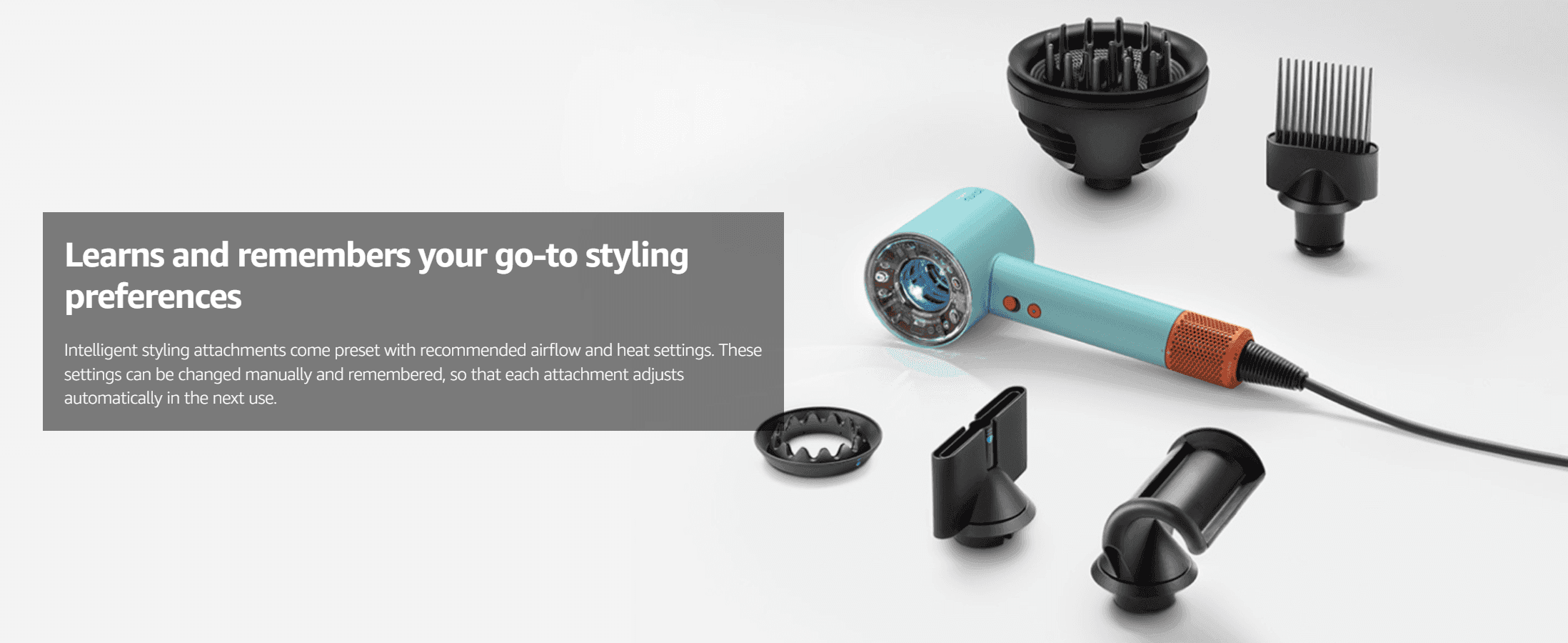 Highlights that the dryer's attachments remember preset airflow and heat settings, reassuring shoppers of consistent, personalized styling results.