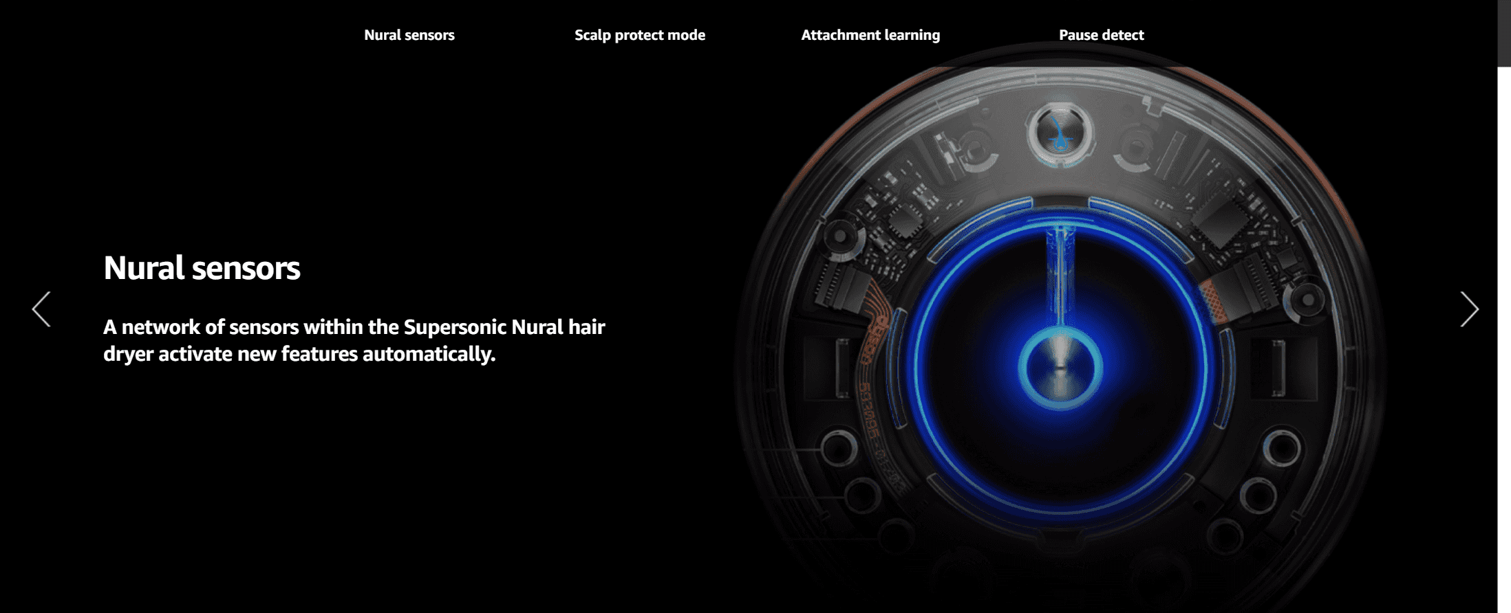 Explains that built-in sensors automatically activate features like scalp protection and attachment learning, building confidence in the product's smart technology.