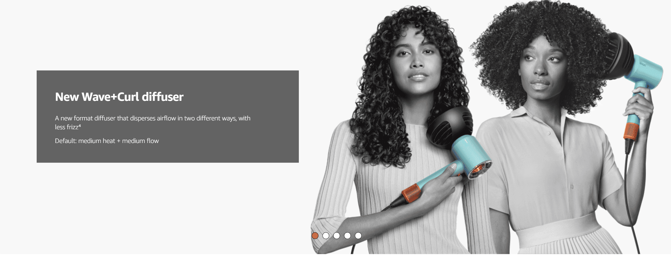 Introduces the new Wave+Curl diffuser and its reduced-frizz benefit, shown in use on curly hair to build desirability.
