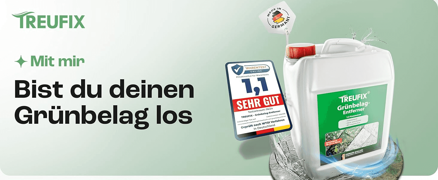 Communicates the core promise that the product removes green deposits from surfaces. Builds trust by showing an independent testing organization's top rating and German-made certification.