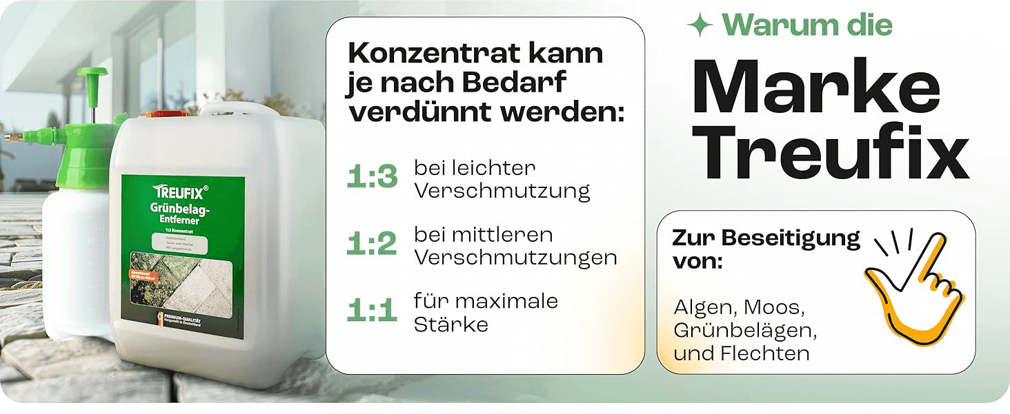 Explains how to dilute the concentrate for different levels of dirt to guide correct usage. Reinforces trust in the Treufix brand by listing what it eliminates (algae, moss, lichen).