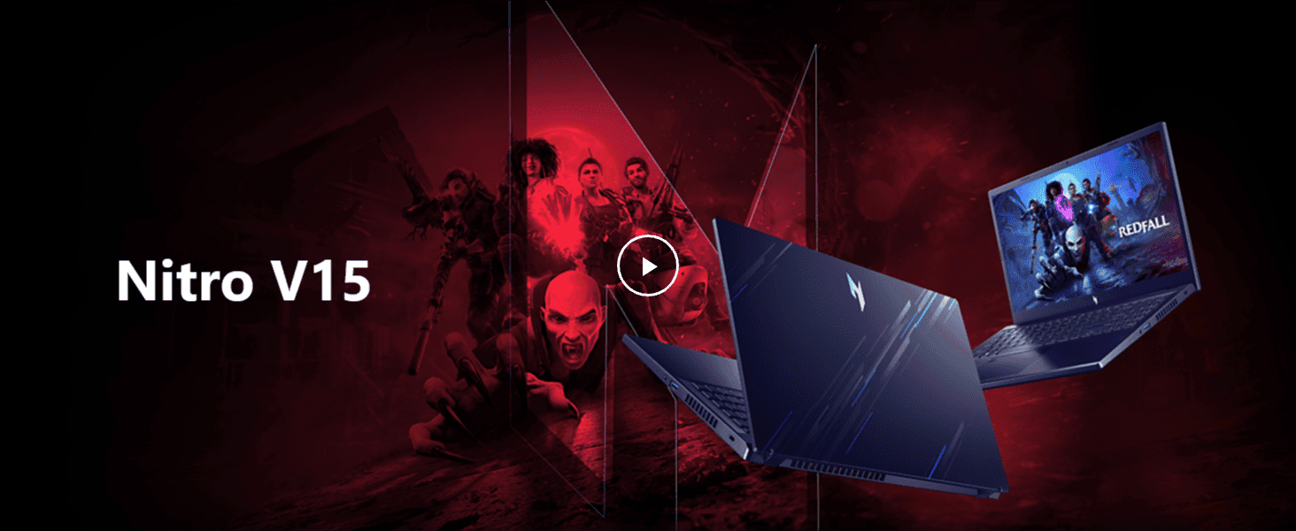 Introduces the Nitro V15 with a bold product name and playable video to build excitement around the gaming laptop.