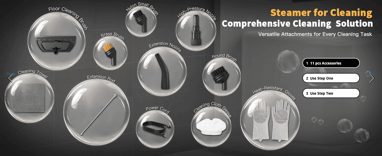 Shows every accessory bubble-labeled to reassure the shopper of the full kit's versatility and value. Signals easy setup with a numbered step list alongside the accessory lineup.