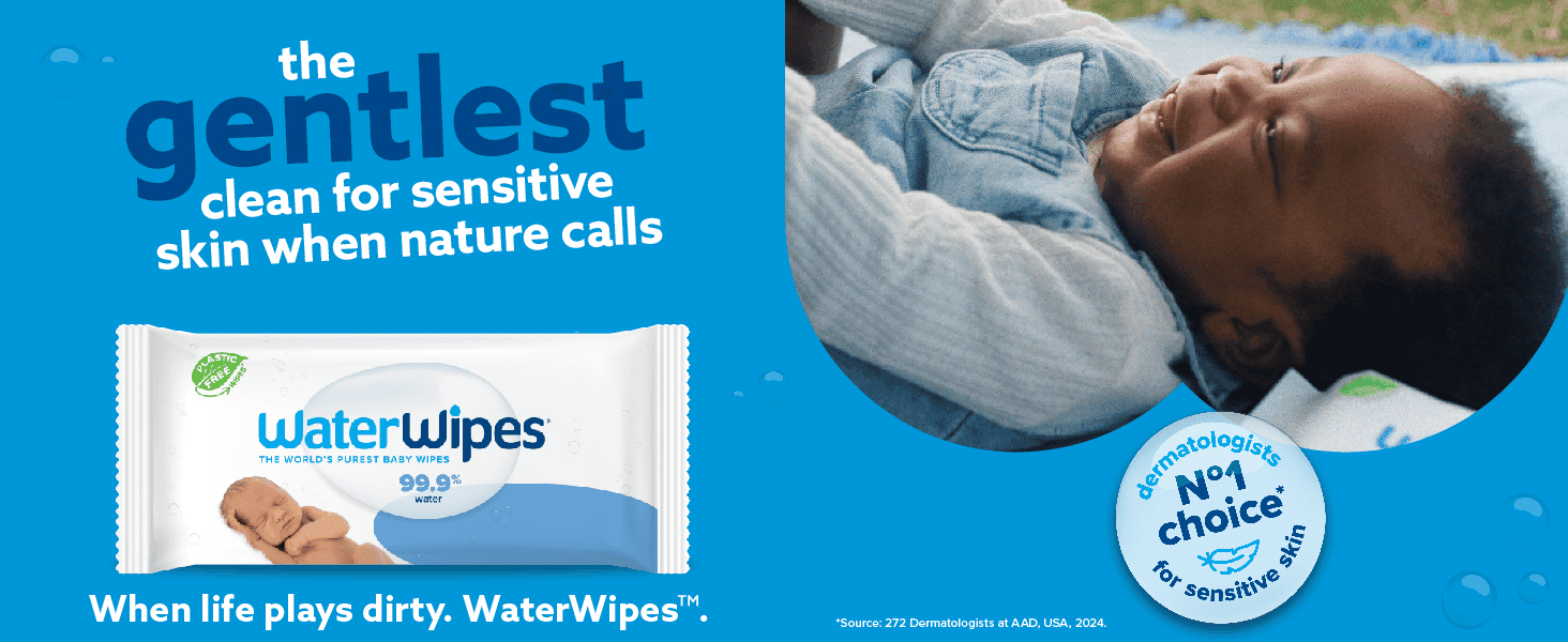 Introduces the WaterWipes brand and its gentle-clean positioning to build trust for sensitive skin. Reassures shoppers the wipes are gentle enough for a baby's sensitive skin.