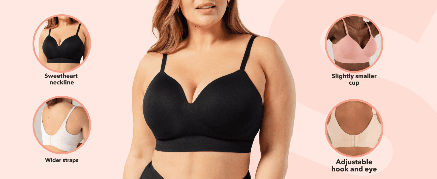 Zooms into specific design details like neckline, straps and cup fit to show construction quality. Zooms into specific design details like neckline, straps and cup fit to show construction quality.