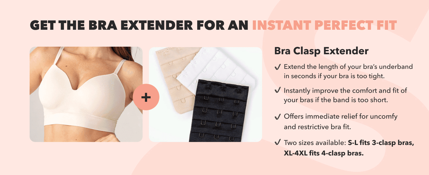 Lists the multiple checkmarked benefits of the bra extender (comfort, fit, relief, sizing) to convince shoppers it solves their bra-fit problem.